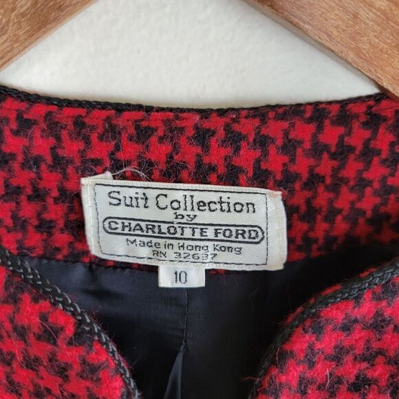 Charlotte Ford Vintage Womens Houndstooth Wool Open Blazer size 10 Red Black - Picture 10 of 12